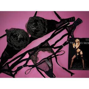 Victoria's Secret 34C BOMBSHELL BRA SET+garter Black Beige Strappy SCANDALOUS